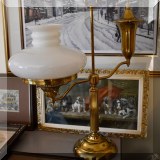 DL06. Brass student lamp with white glass lamp. 